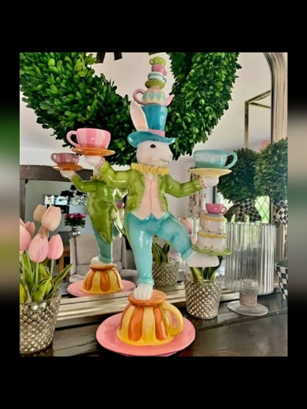 Mad Hatter Victorian Gentleman Easter Bunny Balancing Teacups Cakes Figure Decor